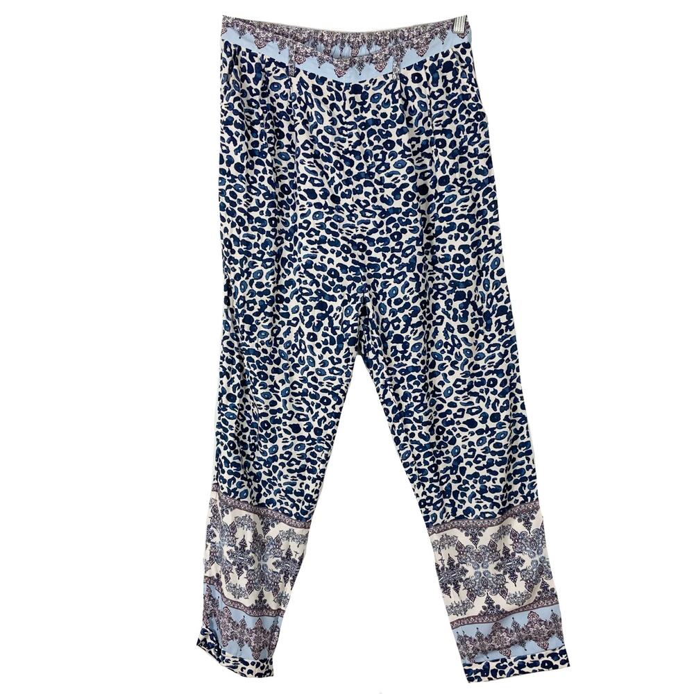NWOT Anthropologie OLLARI Pants XL Blue Ivory Animal Floral Pleated Cuff Pockets